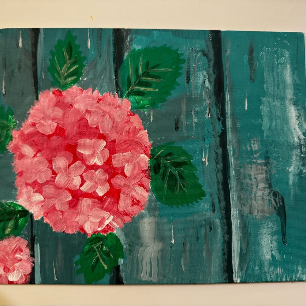 Original Hand-Painted Pink Hydrangea Canvas – Teal Floral Wall Art